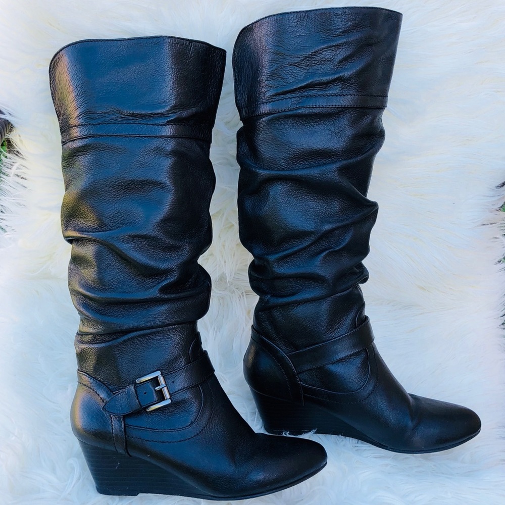 Cathy Jean Black Leather Wedge Boots